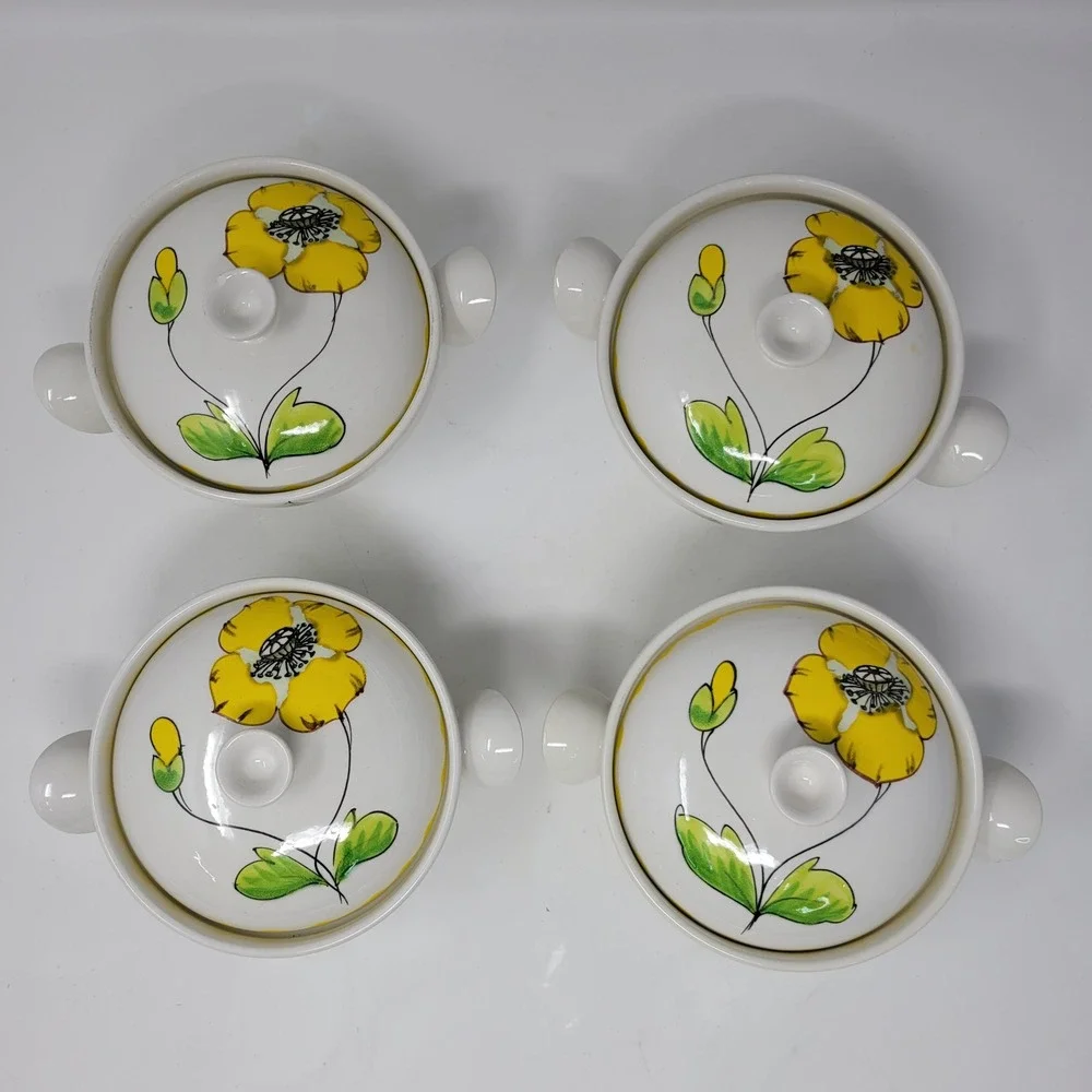Mancioli Italy Vintage Floral Ceramic Lidded‎ Soup Rice Bowls Set of 4